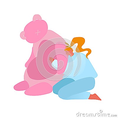 Baby Toys Concept. Mature Woman Hug Huge Pink Plush Teddy Bear Playing with Kids Toys Isolated on White Background Vector Illustration
