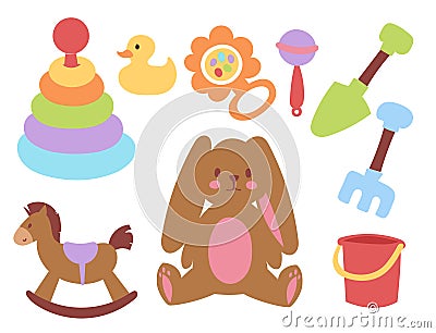 Baby toys icons cartoon family kid toyshop design cute boy and girl childhood art diaper drawing graphic love rattle fun Vector Illustration