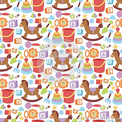 Baby toys icons cartoon family kid toyshop design cute boy and girl childhood art diaper love rattle seamless pattern Vector Illustration