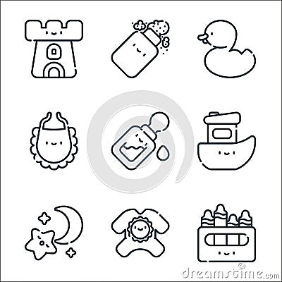 baby and toys line icons. linear set. quality vector line set such as crayons, pijama, sleeping, boat toy, milk bottle, bib, duck Vector Illustration