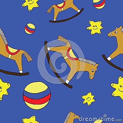 Baby toys, seamless pattern, wooden hourse,ball, star, deep blue Stock Photo