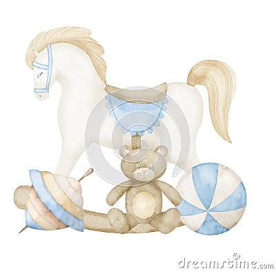 Baby Toys. Watercolor hand drawn illustration with Rocking Horse and Teddy bear in cute pastel blue and beige colors Cartoon Illustration