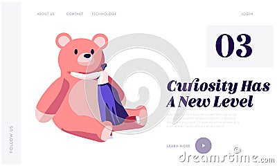 Baby Toys Website Landing Page. Mature Woman Hug Huge Pink Plush Teddy Bear Playing with Kids Toys. Recreation Fun Spare Time Vector Illustration