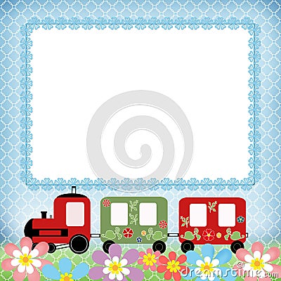 Baby train children photo framework on blue Stock Photo