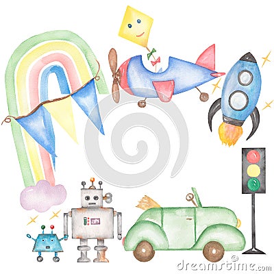 Baby Transport Toys Wreath Clipart, Watercolor Cute Kids Frame, Vintage Robots toys illustration, Newborn Rainbow clip art, Card Cartoon Illustration