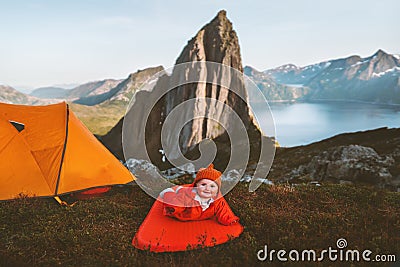 Baby traveler on camping mat family adventure lifestyle cute child Stock Photo