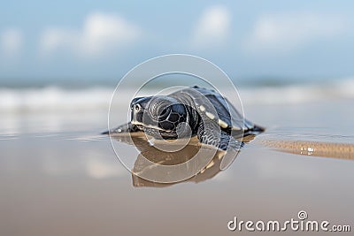 baby turtle climbing up the beach to reach the ocean for first time Stock Photo