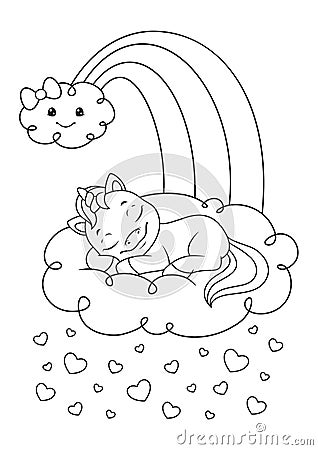 Unicorn sleeping on cloud Coloring Page Vector Illustration