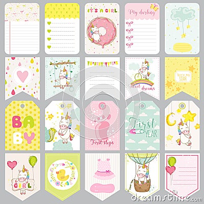 Baby Unicorn Tags. Baby Banners. Scrapbook Labels. Cute Cards Vector Illustration