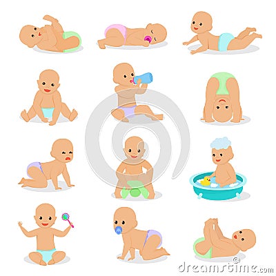 Baby vector newborn infant child playing with childish toys and cartoon smiling kid washing illustration childly set of Vector Illustration