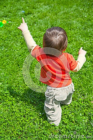 Baby walking in grass Stock Photo