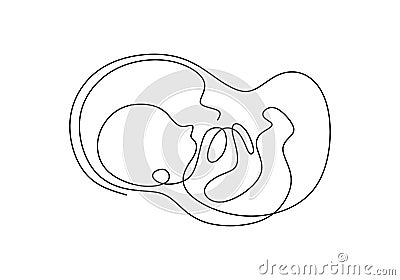 Baby in womb one single line drawing. Cute unborn fetus baby on mother womb isolated on white background. Pregnancy health care Vector Illustration