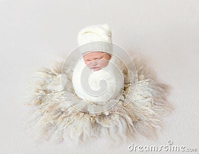 Baby wrapped in blanket sitting in cocoon Stock Photo