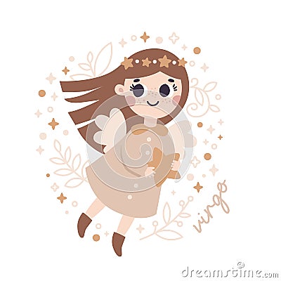 Baby Zodiac Sign Virgo with leaves, branches, moon, rain, stars. Cute vector astrology character Vector Illustration