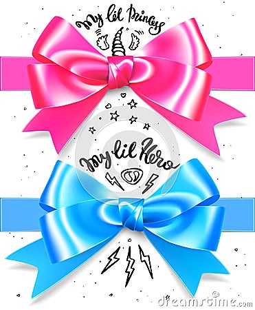 Babyboy and babygirl shiny gift bow. Blue and pink present bows with lettering and decoration Vector Illustration