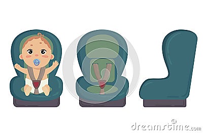 Baby in car seat. Side and front of safety chair Vector Illustration