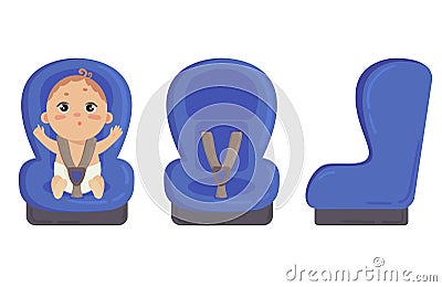 Baby in car seat. Side and front of safety chair Vector Illustration