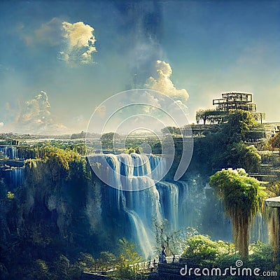 Babylonian hanging gardens blue sky clouds waterfall Stock Photo