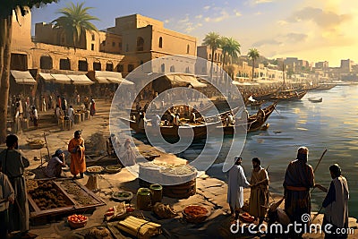 Babylonian Life by the Euphrates: A Glimpse of Ancient Riverside Activities Stock Photo