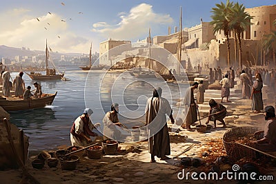 Babylonian Life by the Euphrates: A Glimpse of Ancient Riverside Activities Stock Photo