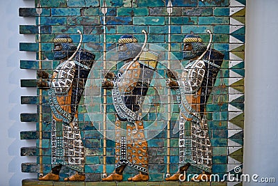 Babylonian, Sculpture, Pergamon, Museum, Berlin. Ancient, glazed, brick, panel, from the ,Babylonian, Ischtar Tor. Editorial Stock Photo