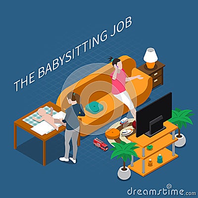 Babysitter Isometric Composition Vector Illustration