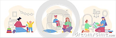 Babysitter Flat Compositions Set Cartoon Illustration