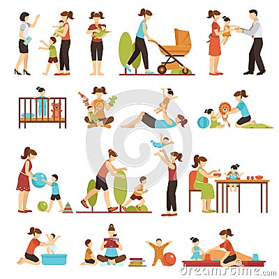 Babysitter Flat Set Of Decorative Colored Icons Vector Illustration