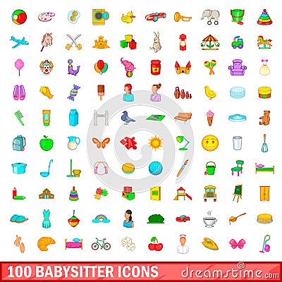 100 babysitter icons set, cartoon style Vector Illustration