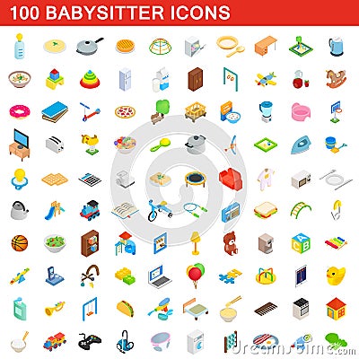 100 babysitter icons set, isometric 3d style Vector Illustration