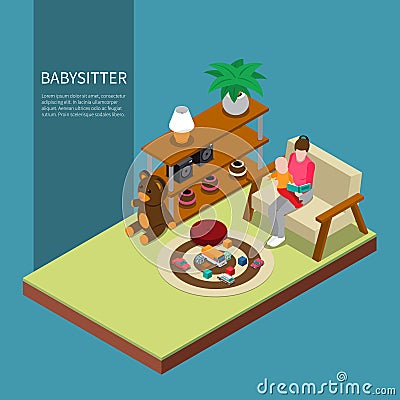 Babysitter Isometric Composition Vector Illustration