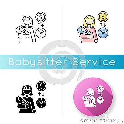 Babysitter pay rate icon. Income from babysitting services. Earn money for child care. Woman with infant baby on part Vector Illustration