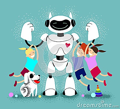 Babysitter robot with children vector illustration. Robot Nanny with Kids. Futuristic assistant. Kind robot home assistant plays Vector Illustration