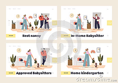 Babysitter service and home kindergarten concept of set of landing pages with nannys sitting kids Vector Illustration