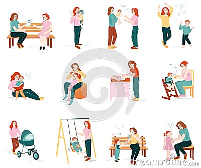 Babysitter Tasks Flat Icons Vector Illustration