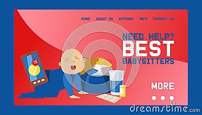 Babysitters banner web design vector illustration. Playing with crying toddler and baby. Busy mother working. Need help Vector Illustration