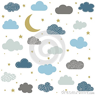 Cute baby clouds, stars, moon pattern vector seamless Vector Illustration