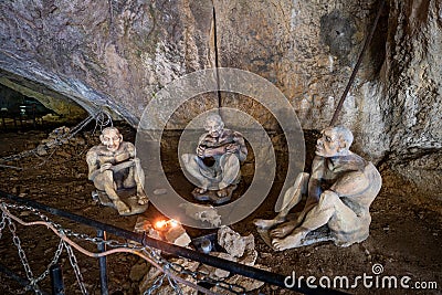 Mockups of first Homo Sapiens in Europe whose remains were found in the beautiful Bacho Kiro Cave in Bulgaria. Editorial Stock Photo