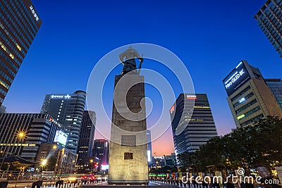 The back of the Admiral Yi Sun-shin statue at Gwanghwamun Square, set against the night sky Editorial Stock Photo
