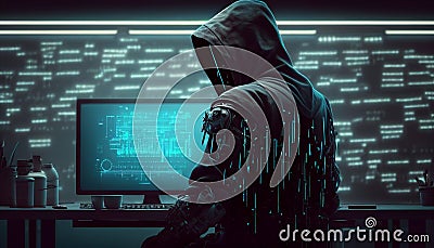 Back of anonymous robot hacker. Concept of hacking cybersecurity, cybercrime, cyberattack, etc Stock Photo