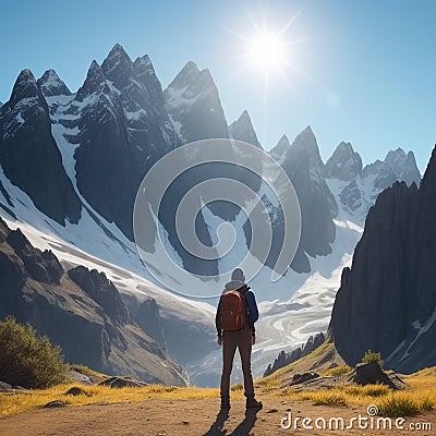 Back of a backpacker is walking on the beautiful view of the mountain range. Generative Ai Stock Photo