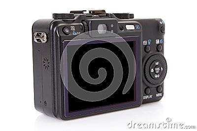 Back of black digital compact camera Stock Photo