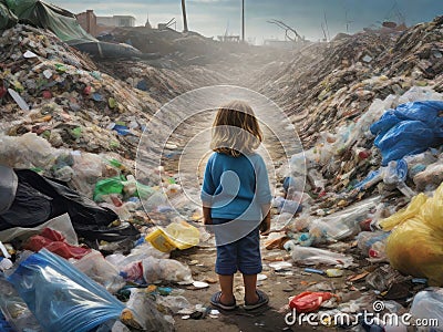 The back of a child standing and looking at a pile of garbage on the beach Conceptual view of a beach full of human waste. Stock Photo