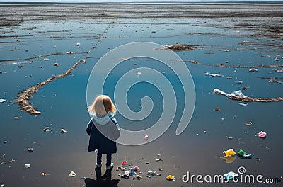 The back of a child standing and looking at a pile of garbage on the beach Conceptual view of a beach full of human waste. Stock Photo