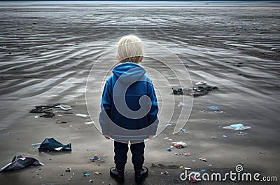 The back of a child standing and looking at a pile of garbage on the beach Conceptual view of a beach full of human waste. Stock Photo