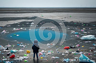 The back of a child standing and looking at a pile of garbage on the beach Conceptual view of a beach full of human waste. Stock Photo