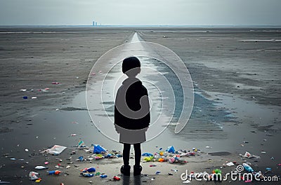 The back of a child standing and looking at a pile of garbage on the beach Conceptual view of a beach full of human waste. Stock Photo