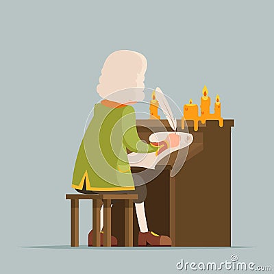 Back chronicler noble writer scribe playwright medieval aristocrat periwig pen music stand scroll candles mascot cartoon Vector Illustration