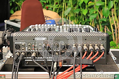 Back of DJ set, Audio and video Line input output Stock Photo