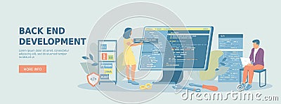 Back End development. Software development process. Programming and coding. Programmers work with code on the screen. Vector Illustration